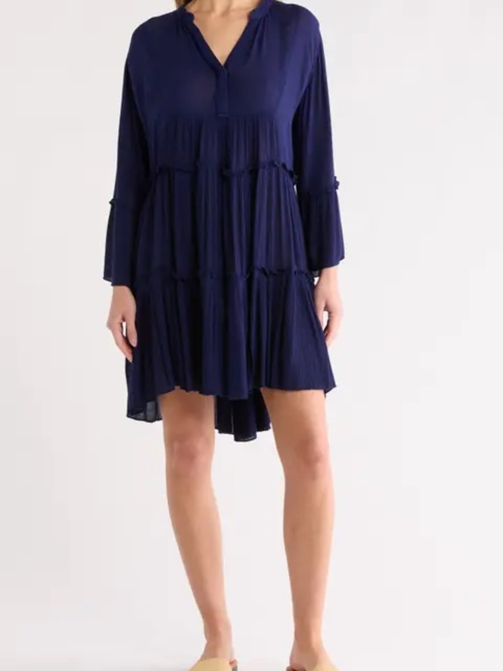 Elan Navy Tiered V‑Neck Long Sleeve Beach Dress